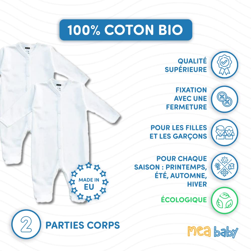 MEA BABY grenouillère bébé Unisexe 100% Coton Bio, Lot de 2, Blanche (crème), pour Filles et garçons (62)