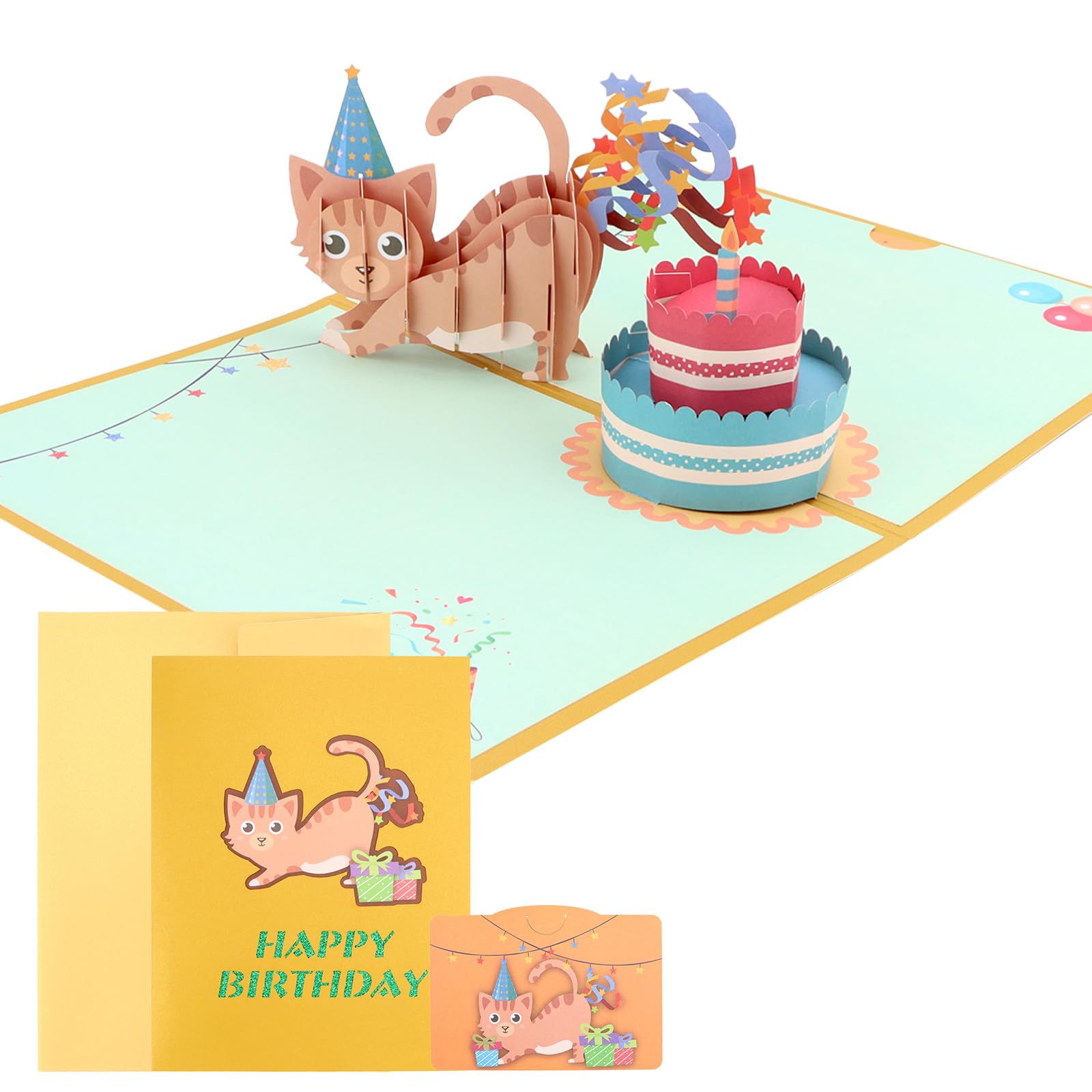 Esitrormi 3D Geburtstagskarte Orange Katze, Pop Up Glückwunschkarte mit Umschlag für Geburtstag Feierlichkeiten