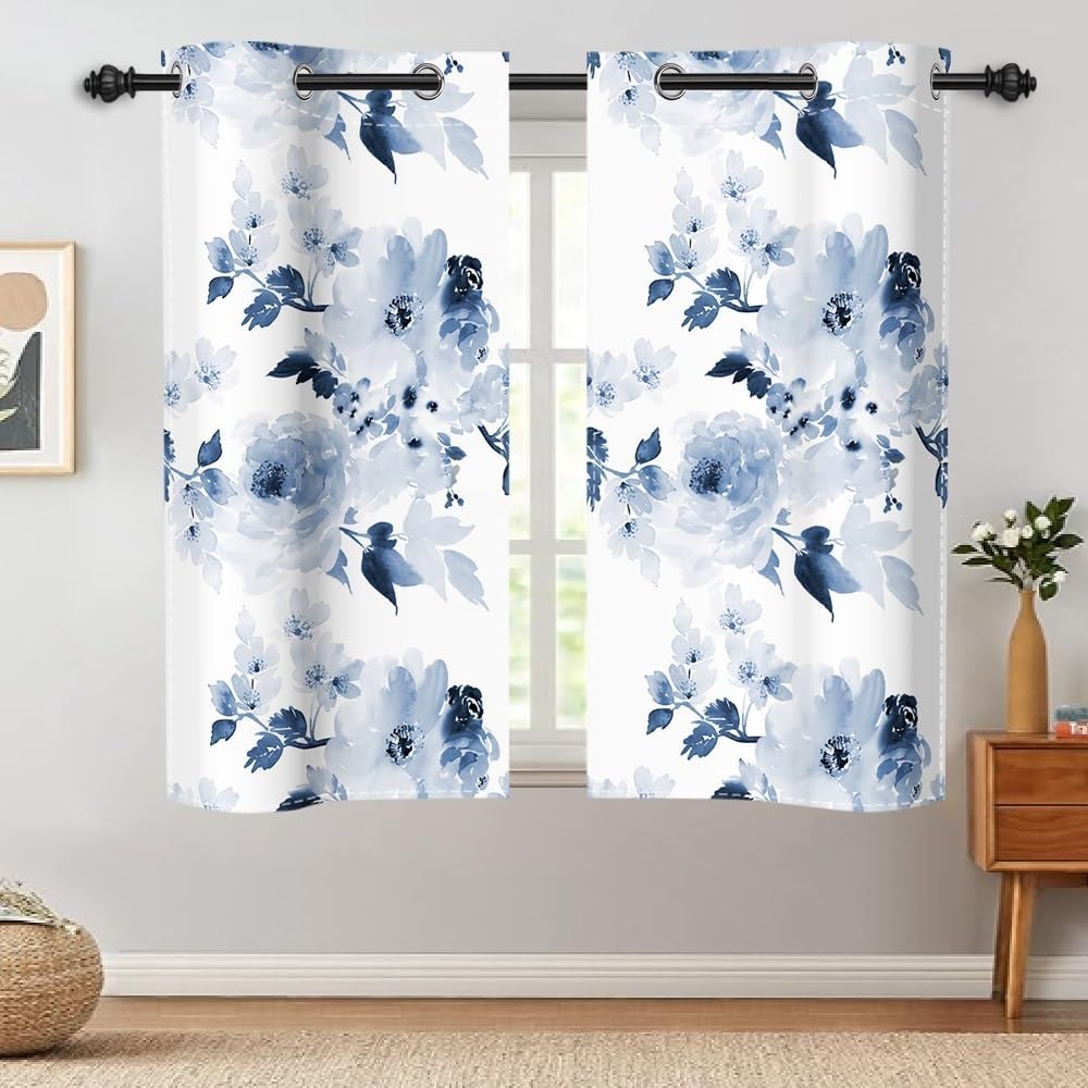 Blue and White Curtains Watercolor Navy Blue Floral Window Curtains for Bedroom Living Room Kitchen Modern Abstract Ink Decorative Window Treatment Drapes 2 Panel Set,21x63inch