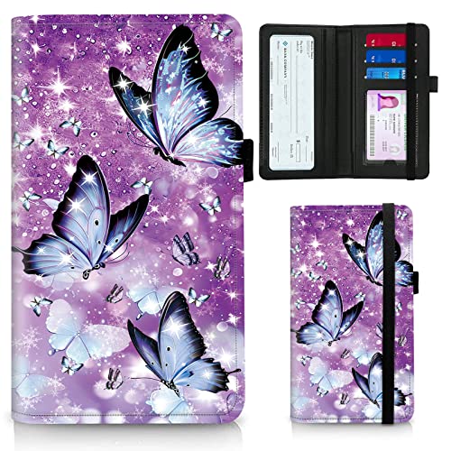Leather Check Book Cover For Personal Checkbook And Register Butterflies Purple Bling Sparkle Glitter Theme, Rfid Blocking Slim Checkbook Cover For Duplicate Checks With Pen Holder Elastic Band #TOP29