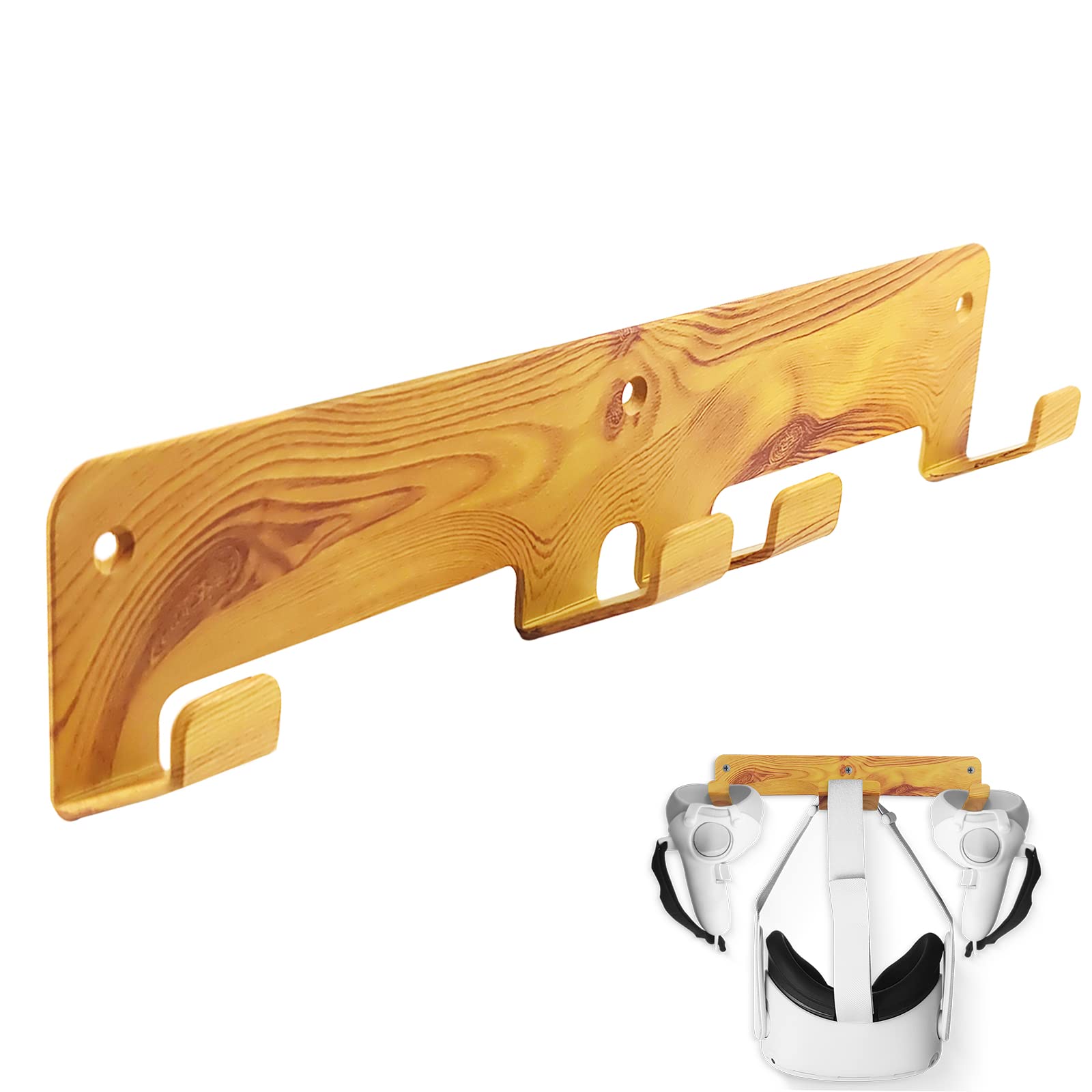 Universal Fit VR Wall Mount Fits for Oculus Quest/Quest 2/Rift/Rift S/Valve Index/HTC Viva,HP Reverb G2, Elegant VR Gaming Headsts Storage Hanger,Controller Stand Hook for,Natural Wood Color