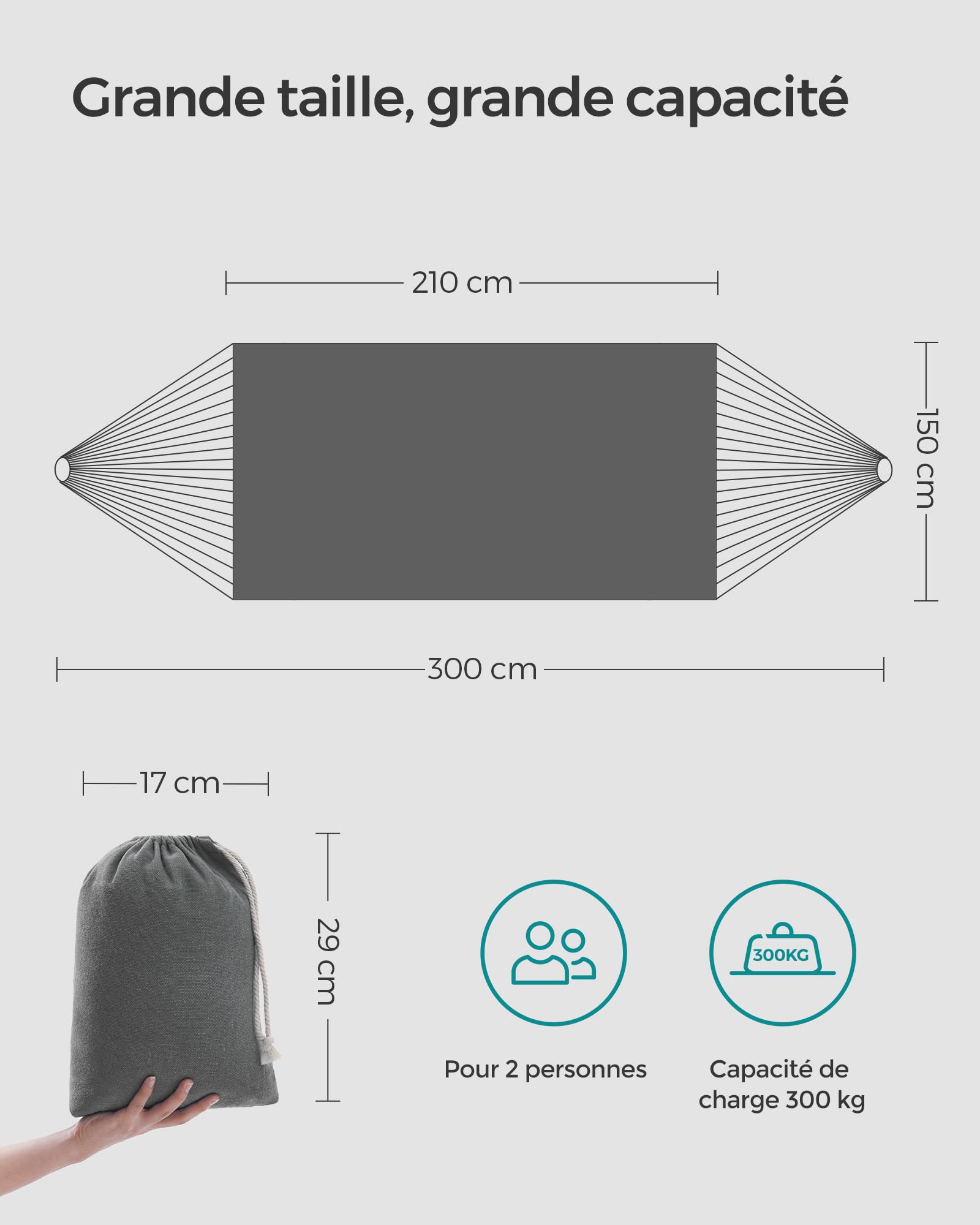 SONGMICS Hamac, 210 x 150 cm, Double Hamac, Capacité de Charge 300 kg, pour Jardin, Terrasse, Balcon, Extérieur, Camping, avec Sac de Transport, Sangles de Fixation et Mousquetons, Gris GDC15GY