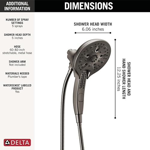 Miniatura 42 de Delta Faucet 5-Spray In2ition - Cabezal de ducha de mano doble 2 en 1 con manguera, cabezal de ducha de mano H2Okinetic con acoplamiento magnético
