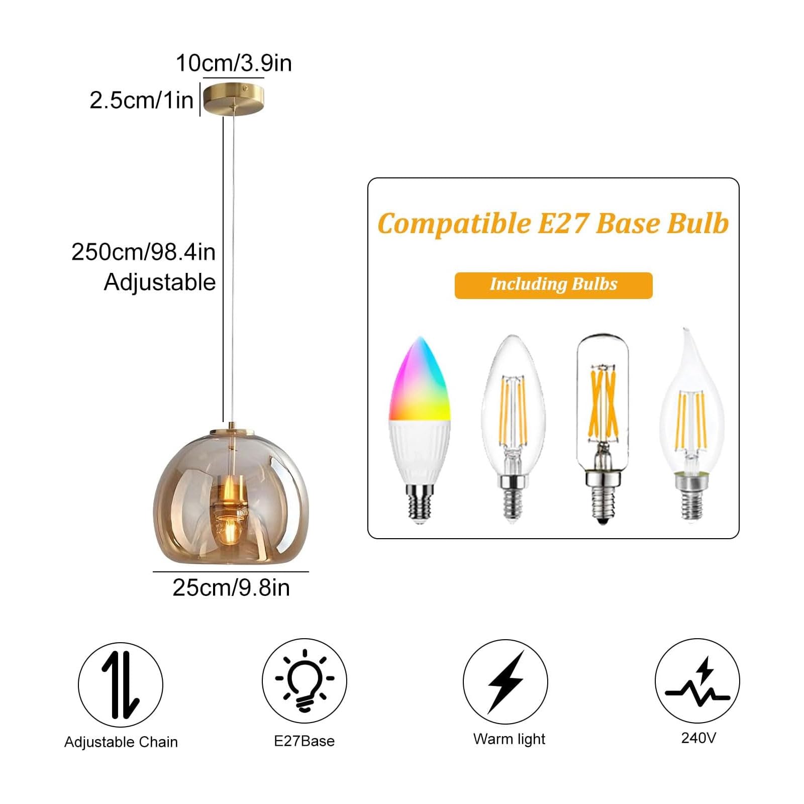 Lustre moderne en verre gris fumé/ambre, luminaires de 9 pouces en fer Art Pedant, éclairage suspendu réglable en hauteur pour chambre à coucher, cuisine, îlot, salle à manger, salon, salle d'expositi