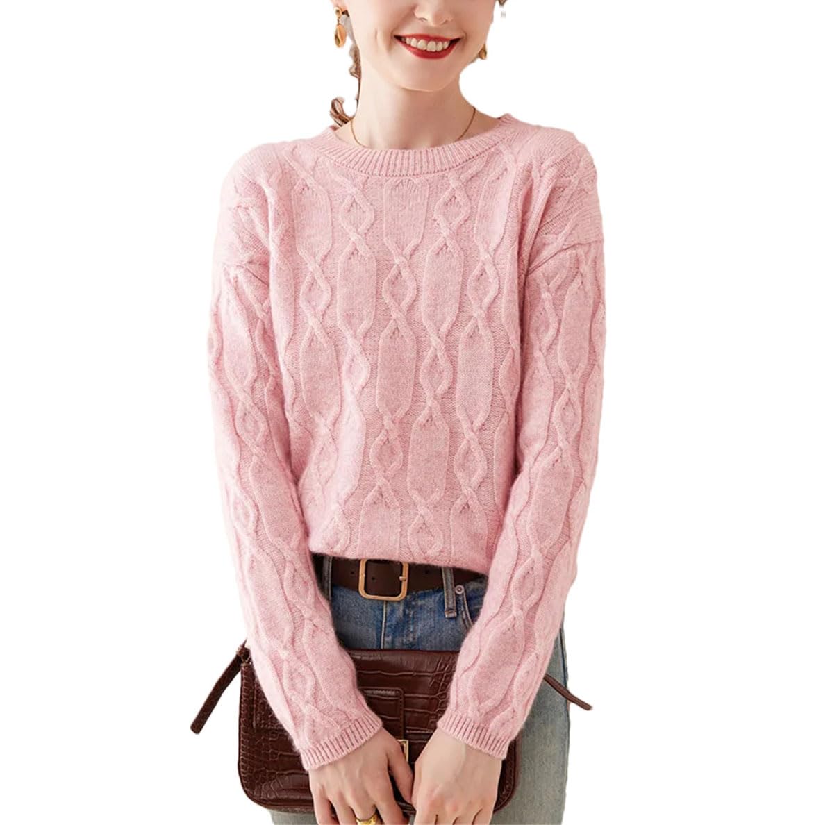 Modny kaszmirowy sweter dla kobiet zimowy gruby miękki ciepły skręcony kwiat okrągły dekolt sweter kaszmirowa dzianina, Pnnrk, L