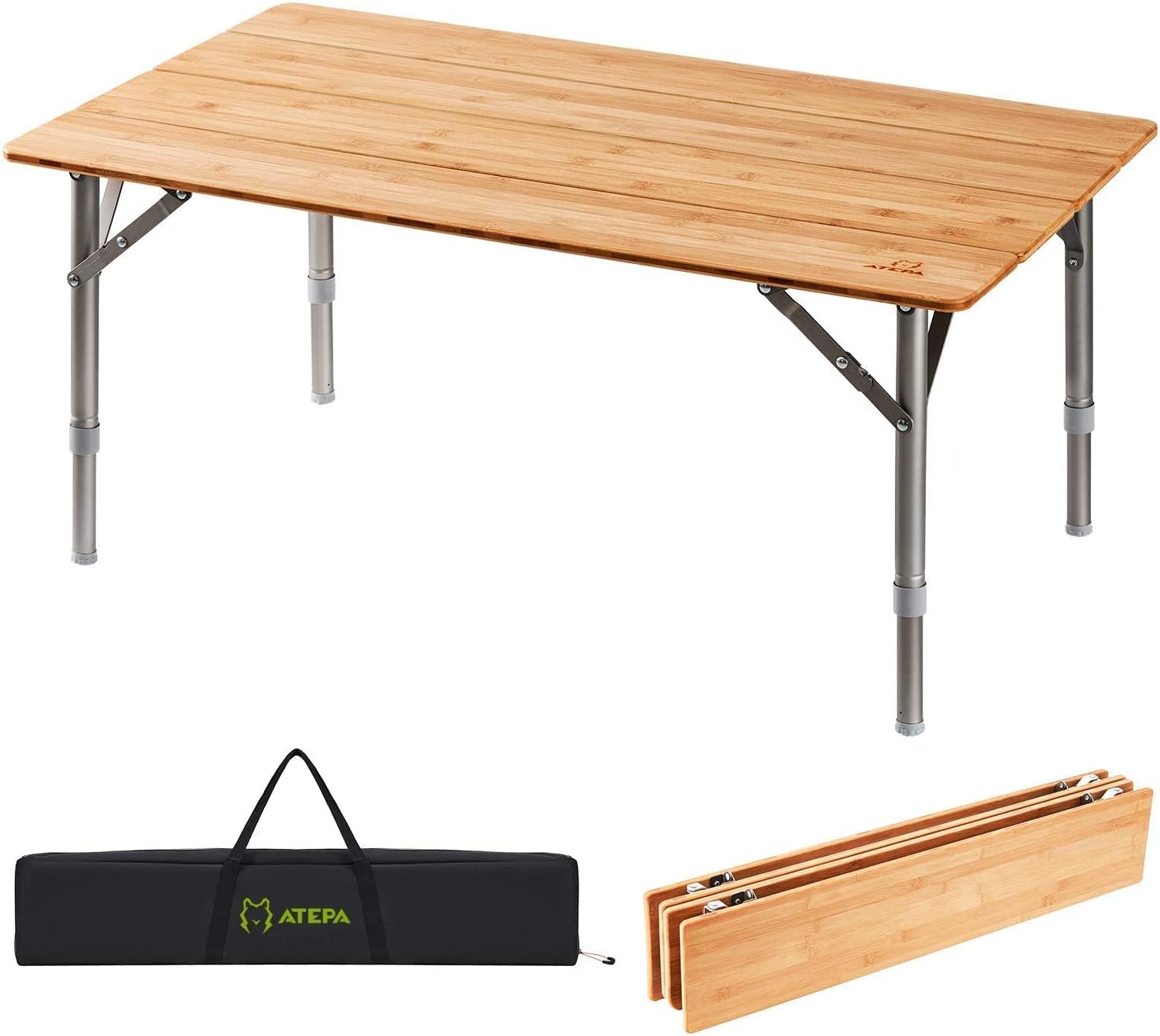 ATEPA Bamboo Camping Table Environmental Folding Table with Adjustable Height Aluminum Legs Heavy Duty 110lbs 4-Fold Portable Foldable Camp Tables for Travel, Picnic, Outdoor and Indoor