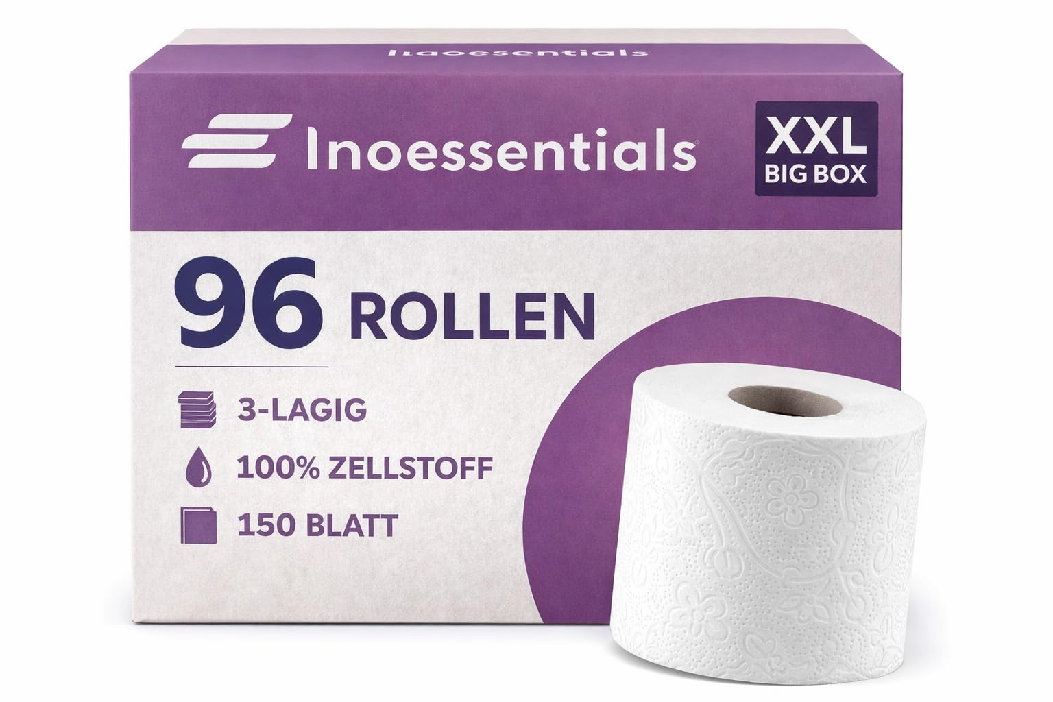 Inoverse Papel higiénico de 3 capas, 96 rollos, 150 hojas por rollo, extra suave y resistente a roturas, 100% celulosa, paquete grande para familias, 96 rollos, 4 unidades