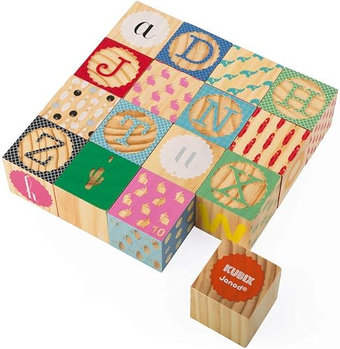 Miniatura 3 de Janod Kubix J08078 - 16 bloques de madera del alfabeto y números - Edades 2+
