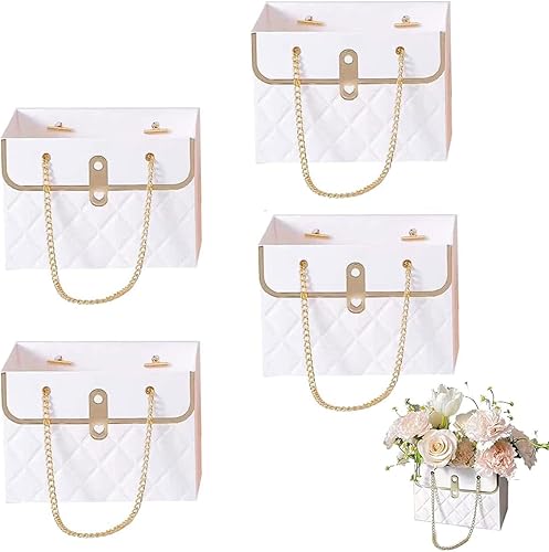 Miniatura 10 de NADUSEP 4 piezas de bolsa de regalo de papel con flores, cubo de almacenamiento de ramo, bolso de floristería con cadena de metal, bolsa