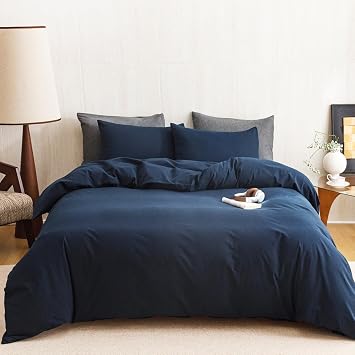 CLOTHKNOW Navy Blue Full Size Comforter Set 100% Cotton Dark Blue Bedding Comforter Sets Linen Like Textured Breathable Durable Soft with 2 x Pillow Cases