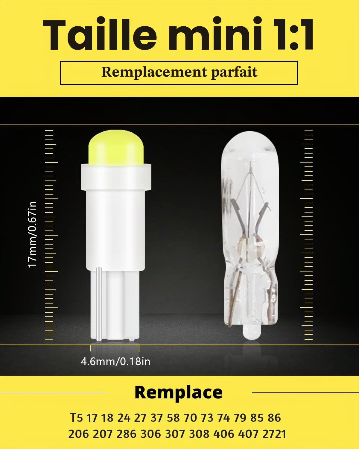 Alopee Ampoule T5 Led Blanc Tableau de Bord 12V, Lot de 30 | Compatible avec Ampoule W1.2W 73 74 2723 2721 W3W, COB 1SMD