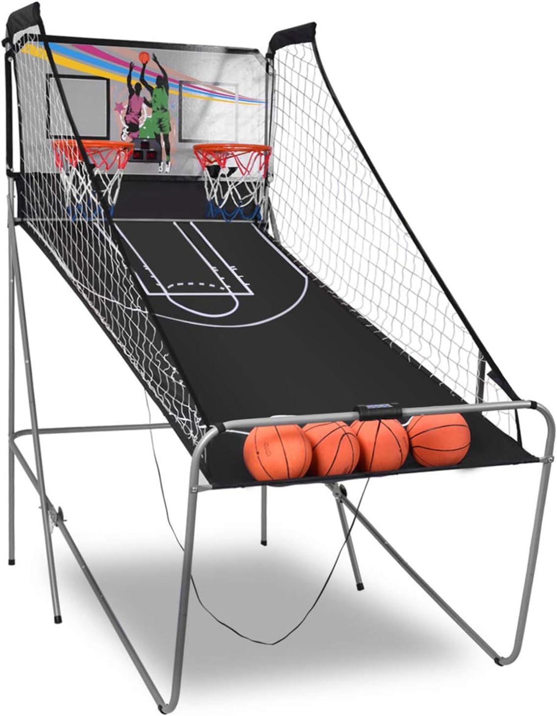 FANTASK 8 in 1 Basketballmaschine, elektrischer Basketballständer faltbar, Luftpumpe & 8 Spielmodi, Schießmaschine mit 4 Bällen, Arcade Basketball Kinderspiele, Grau