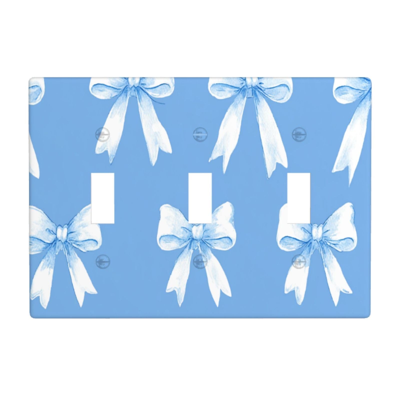 Pale Blue White Bow Pattern Watercolor Light Switch Covers 3 Gang Triple Toggle Wall Plate Switchplate Electrical Faceplate for Bathroom Kitchen Bedroom Decor
