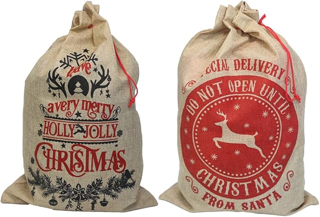 Sparkling Christmas Sacks. 2-Pack 35X52CM Medium Christmas Sacks. Christmas Hessian Drawstring Goody Gift Bags.