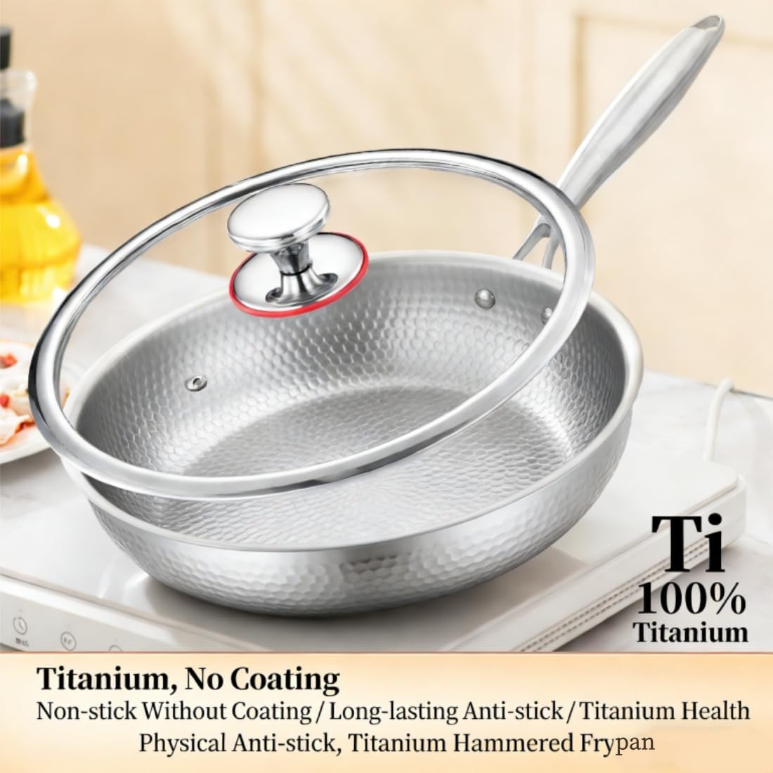 12-inch Pure Titanium Frying Pan, Hammered Non-Stick Skillet with Triple-Layer Base, Lightweight Titanium Pan for All Stovetops, Induction & Oven Safe to 500°F (12.6in)
