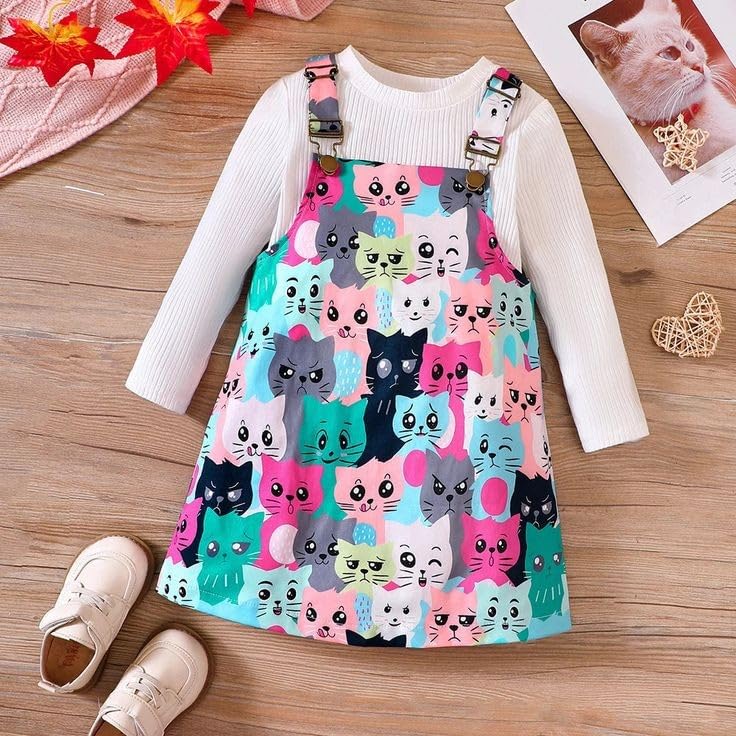 ER Life Style Cotton Blend Meow Printed Girls Knee Length Casual Party Dungarees Dress Winter Dress 2 6153JPtzGaL