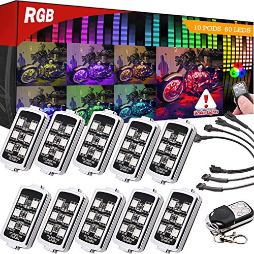 10 PODS Motorcycle LED Accent Underglow Neon Light - Motorbike Colorful Ground Effect Atmosphere Lights with Remote Control for Street Glide Ultra Classic Honda Kawasaki Suzuki Ducati Polaris KTM BMW