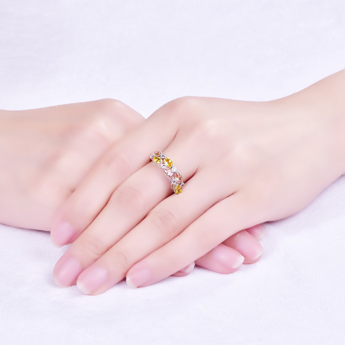 Emsione Created Morganite 925 Sterling Silver Plated CZ Filled Ring for Women