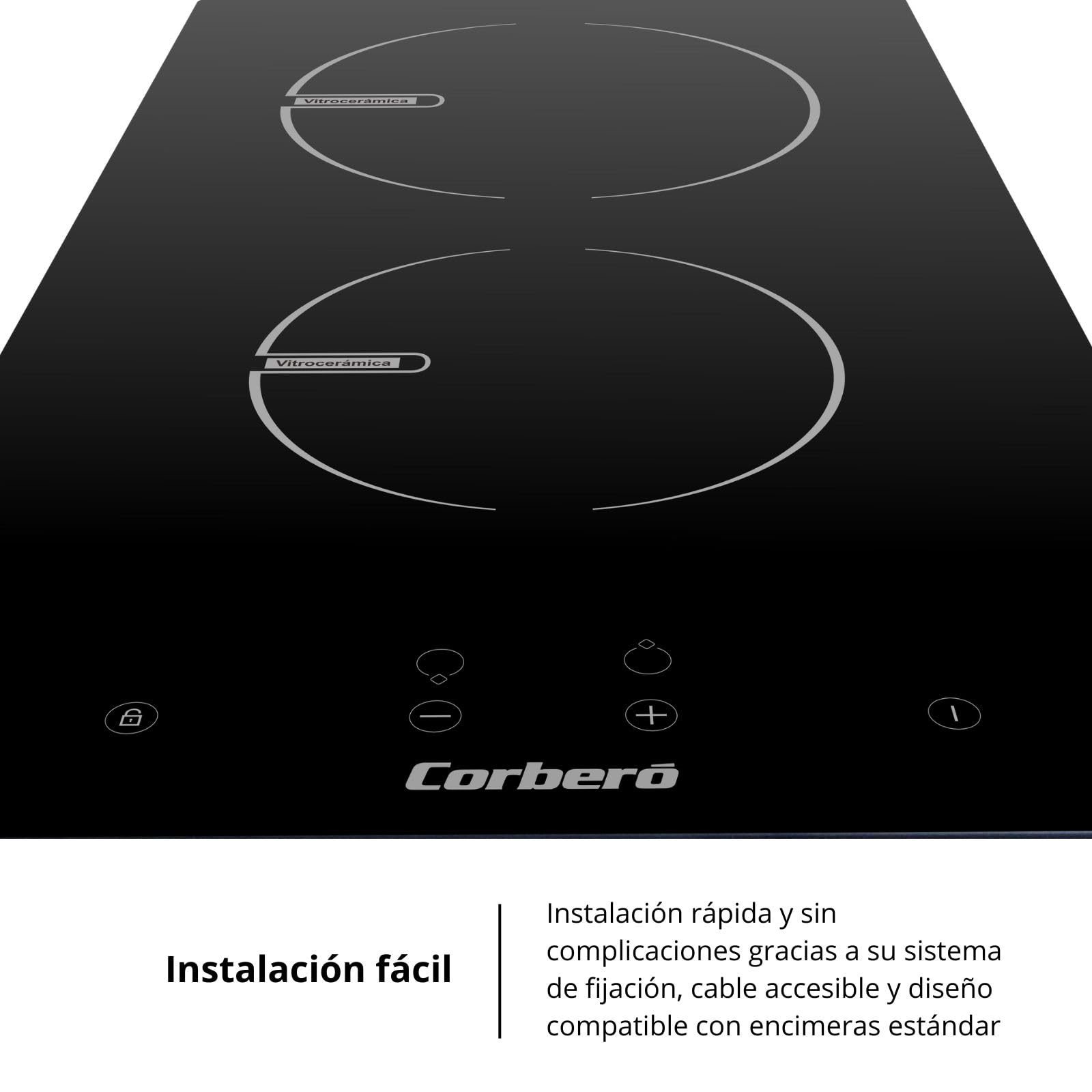 Corberó CCVGD25BF Plaque vitrocéramique 2 zones de cuisson 9 niveaux de puissance Contrôle tactile Arrêt automatique Puissance 2900 W Noir