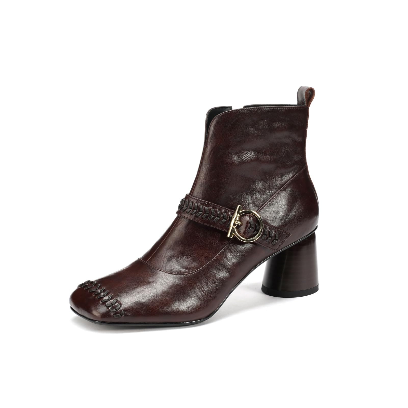 TinaCus Genuine Leather Womens Square Toe Booties Handmade Strap Buckle Cone Heels Zip up Short Boots