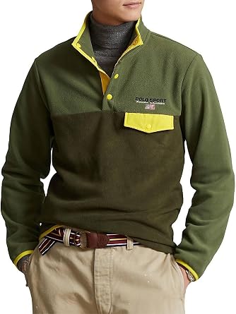 POLO RALPH LAUREN Men's Fleece Pullover Jacket Sweater Snap Closure (US, Alpha, Large, Regular, Regular, Olive Multi)