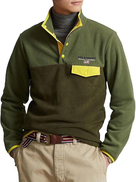 POLO RALPH LAUREN Men's Fleece Pullover Jacket Sweater Snap Closure (US, Alpha, Large, Regular, Regular, Olive Multi)
