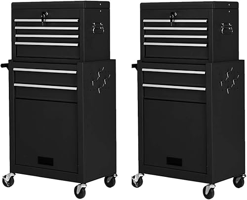 Caja de herramientas con ruedas, juego de 2 cajas de herramientas de 6 cajones, organizador de almacenamiento de herramientas extraíble con cerradura