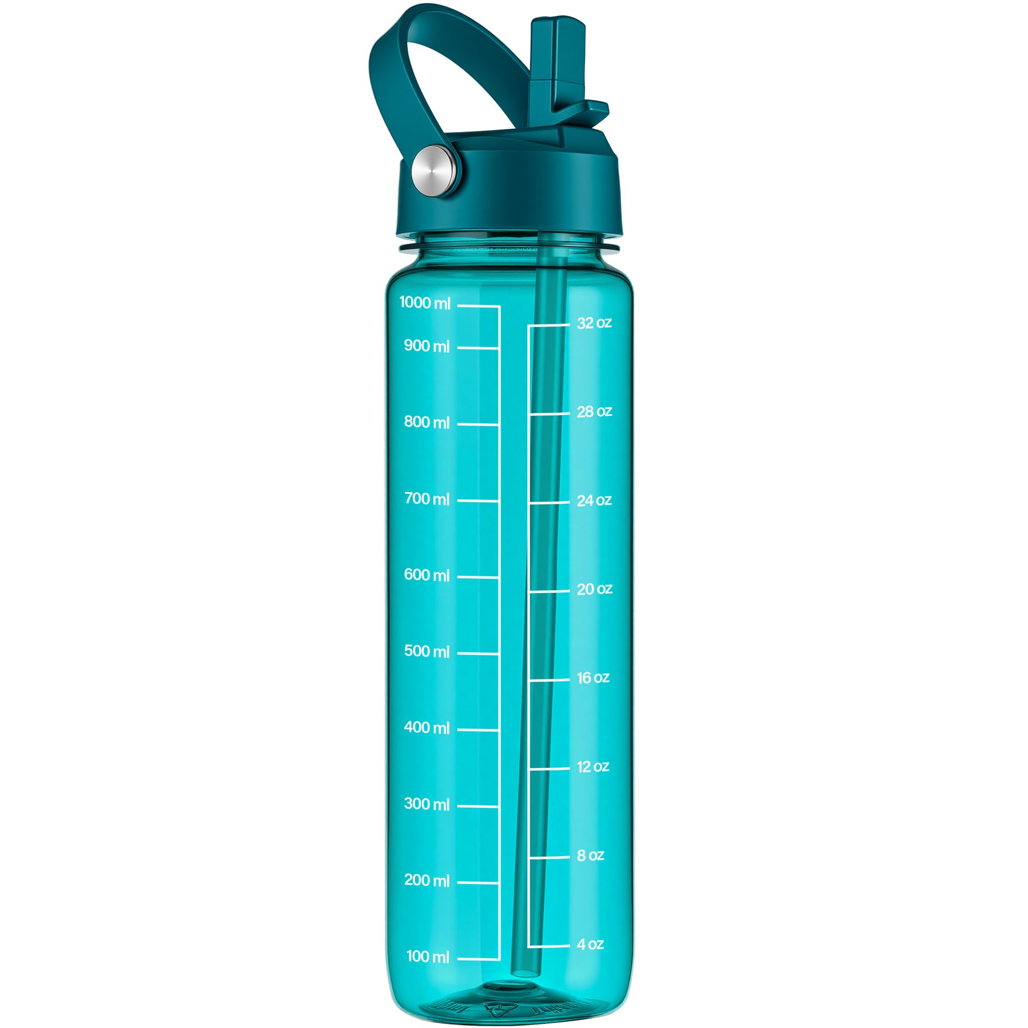 GOPPUS 1000ml/32oz Clear Water Bottle with Straw, Tritan Leakproof Sports Drinking Bottle, BPA Free Wide Mouth Gym Bottle with Handle and Measurement Marks for School, Gym, Travel (Teal Blue)