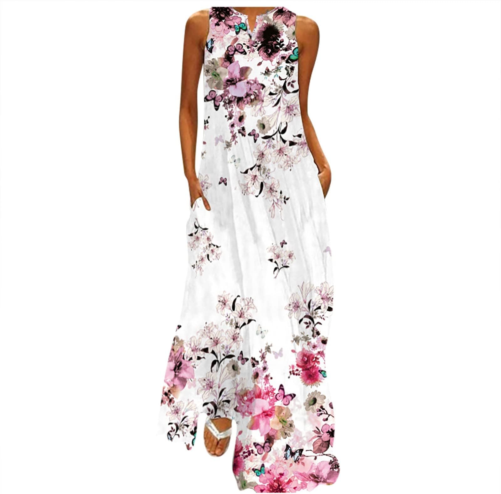 Skang Summer Dresses for Women UK Maxi Dress Plus Size Dress Floral Print Dress Sleeveless V Neck Dresses Soft Casual Long Sun Dress Bohemian Summer Dress