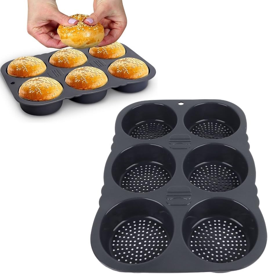 Limen 6 Cavity Hamburger Bun Mould – Foldable Silicone Baking Pan for Buns, Heat-Resisting (-40°F to 446°F) & Dishwasher Safe 13.58 x 9.25 x 1.57 in