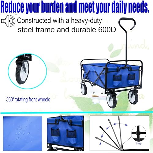 Miniatura 3 de Carro plegable plegable, carrito de playa resistente con bolsillo lateral, carrito plegable de gran capacidad para deportes de jardín al aire libre