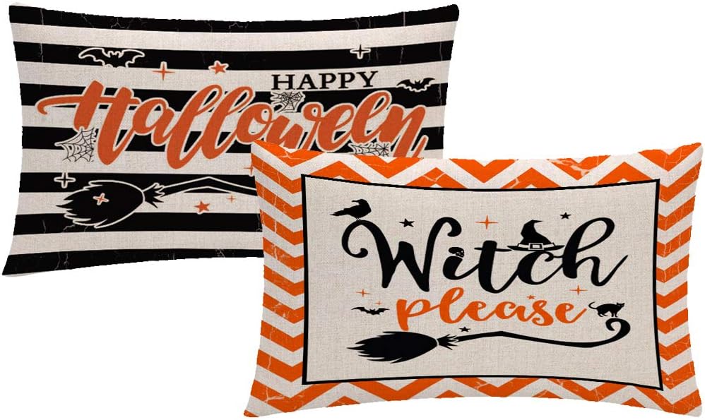 ULOVE LOVE YOURSELF Happy Halloween Throw Pillow Cover Witch Please Halloween Decorative Rectangular/Waist Pillowcase 12X20 Inch Black/Orange Farmhouse Holiday Decorations Set of 2 for Sofa/Couch