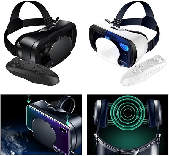 VR Headset with Controller for Smartphones, 3D Virtual Reality Glasses with Eye Protection, Adjustable Strap, Wide Compatibility for Mobile Games & Movies(White)