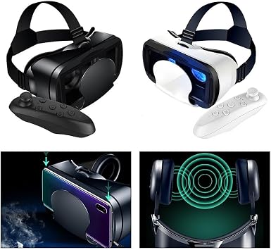 VR Headset with Controller for Smartphones, 3D Virtual Reality Glasses with Eye Protection, Adjustable Strap, Wide Compatibility for Mobile Games & Movies(White)