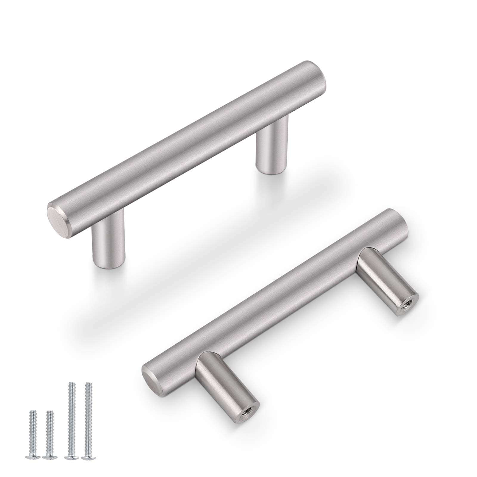 Probrico 25 Pack 2-1/2" Hole Center Solid Brushed Nickel Stainless Steel Kitchen Cabinet Handles Modern Euro Style T Bar Pulls Kitchen Cupboard