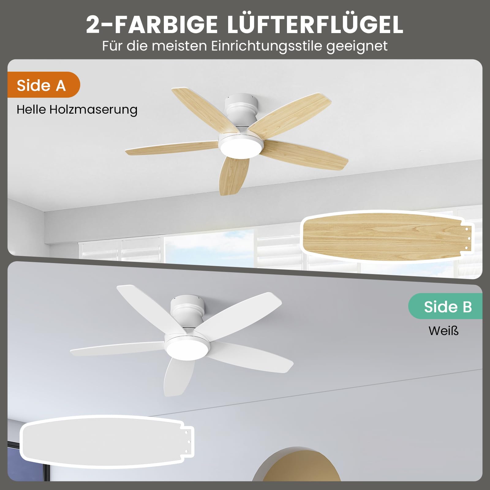 Deckenventilator mit Beleuchtung 107 cm 5 Blätter Deckenventilator mit Fernbedienung 6 Gänge Ultraleiser Reversibler Gleichstrommotor Dimmbare LED Doppelseitige Flügeln für Schlafzimmer Wohnzimmer