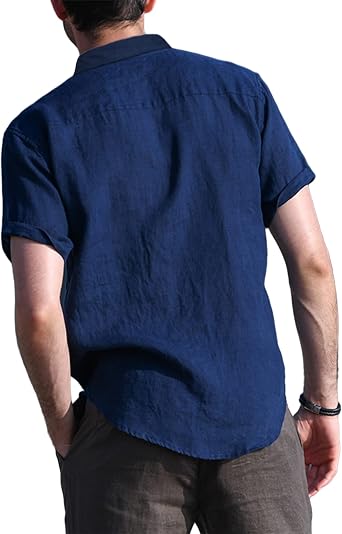 Oyamiki Mens Short Sleeve Regular-Fit Shirt Fishing Tees Linen Cotton Button-Down Shirts