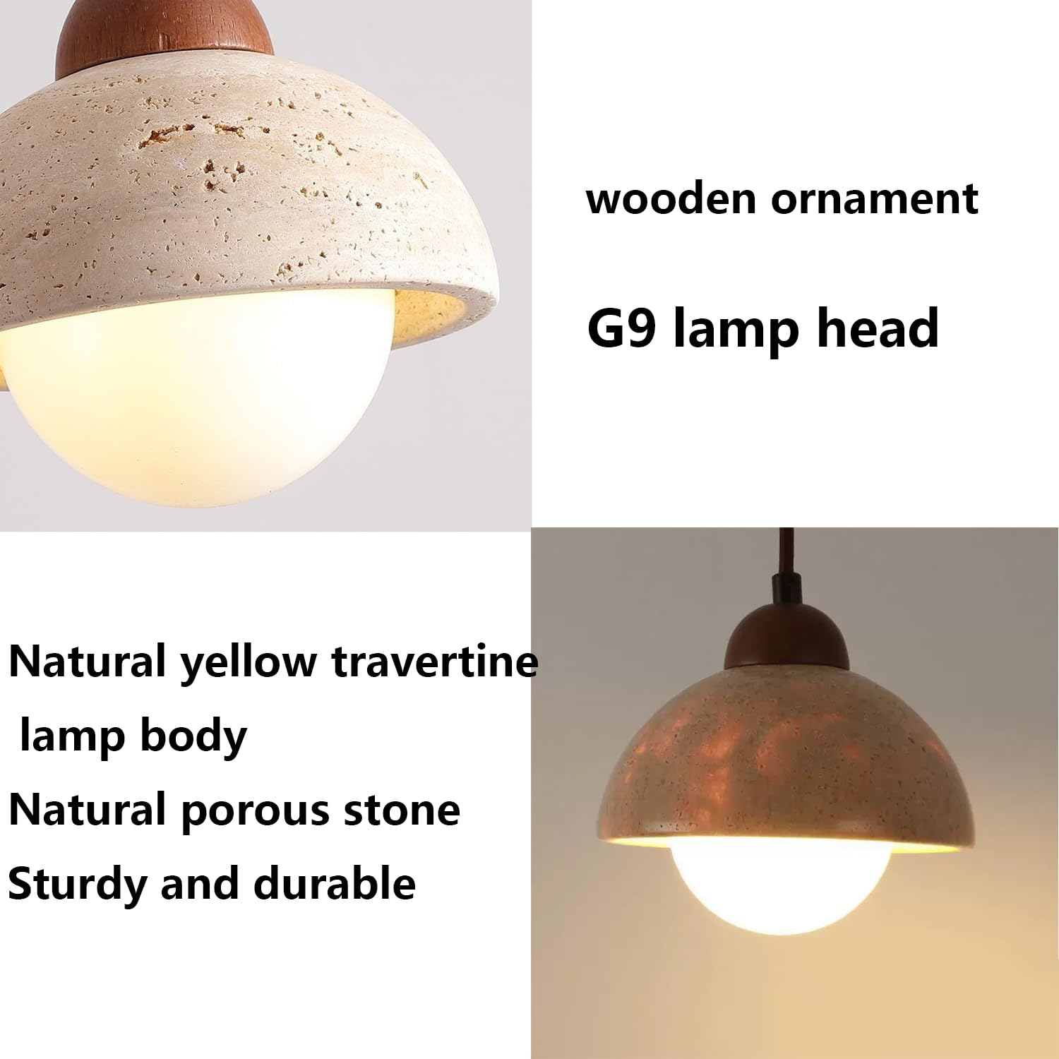 Lampada a sospensione in travertino giallo a da 5,9 pollici a semicircolare in pietra porosa in legno stile artistico scandinavo for sopra il lavello Camera letto Ristorante Negozio