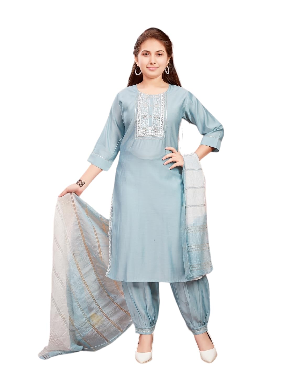 Aarika Girls Ethnic Wear Sky Blue Colour Sequin Thread Embroidery With Gota Work Silk Kurti Patiala Set (9-16 Years)