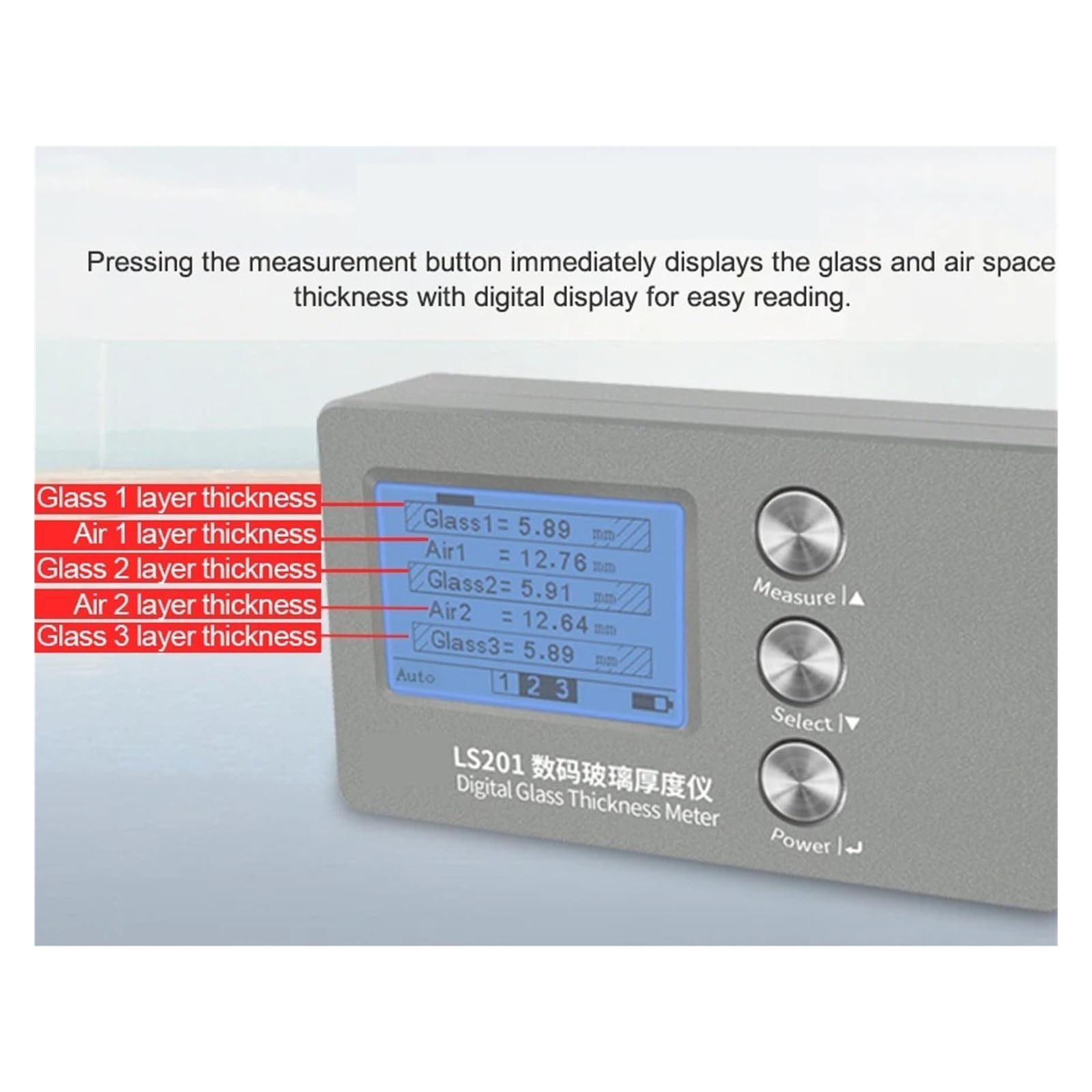 Medidor digital de grosor de vidrio, herramienta de medición de acristalamiento de ventanas para un funcionamiento sencillo, ideal para paredes de cortina, medición precisa y fácil de usar