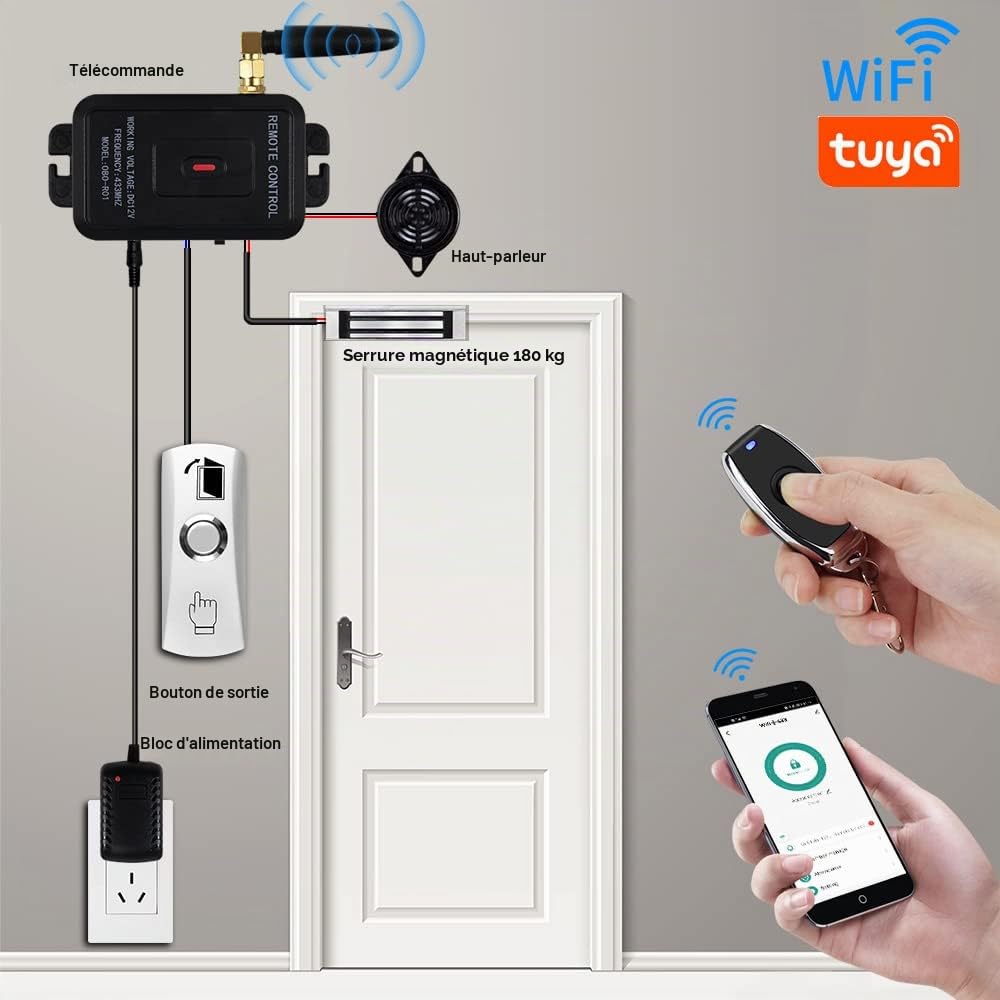 Kit de système de contrôle d'accès Smart APP, avec télécommandes/Serrure magnétique 280 kg/Adaptateur d'alimentation DC 12V, Temps de Retard de Verrouillage réglable