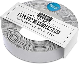WoodPress® 3/4 inch Pearl Grey Melamine Edge Banding, Pre-Glued Veneer Tape – 25 ft Roll - Iron-On for Easy DIY Application – Will Cover The Edge of a Standard 8' x 4' MDF Panel
