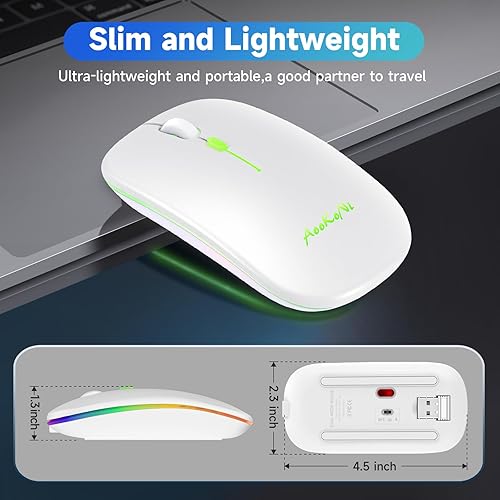 Miniatura 5 de Ratón inalámbrico, LED de modo dual recargable (Bluetooth 5.2 y 2.4G) mouse delgado y silencioso para laptop, PC, computadora, escritorio y otros