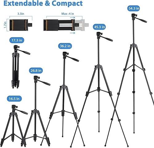 Miniatura 2 de PHOPIK Trípode ligero para teléfono de 55 pulgadas trípode de video con 360 panorámicas y tornillo de montaje de 14 pulgadas para cámara sin espejo