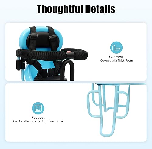 Miniatura 7 de Asiento de bicicleta para niños, asiento de bicicleta infantil montado en la parte delantera con cinturón de seguridad y pasamanos, asiento de