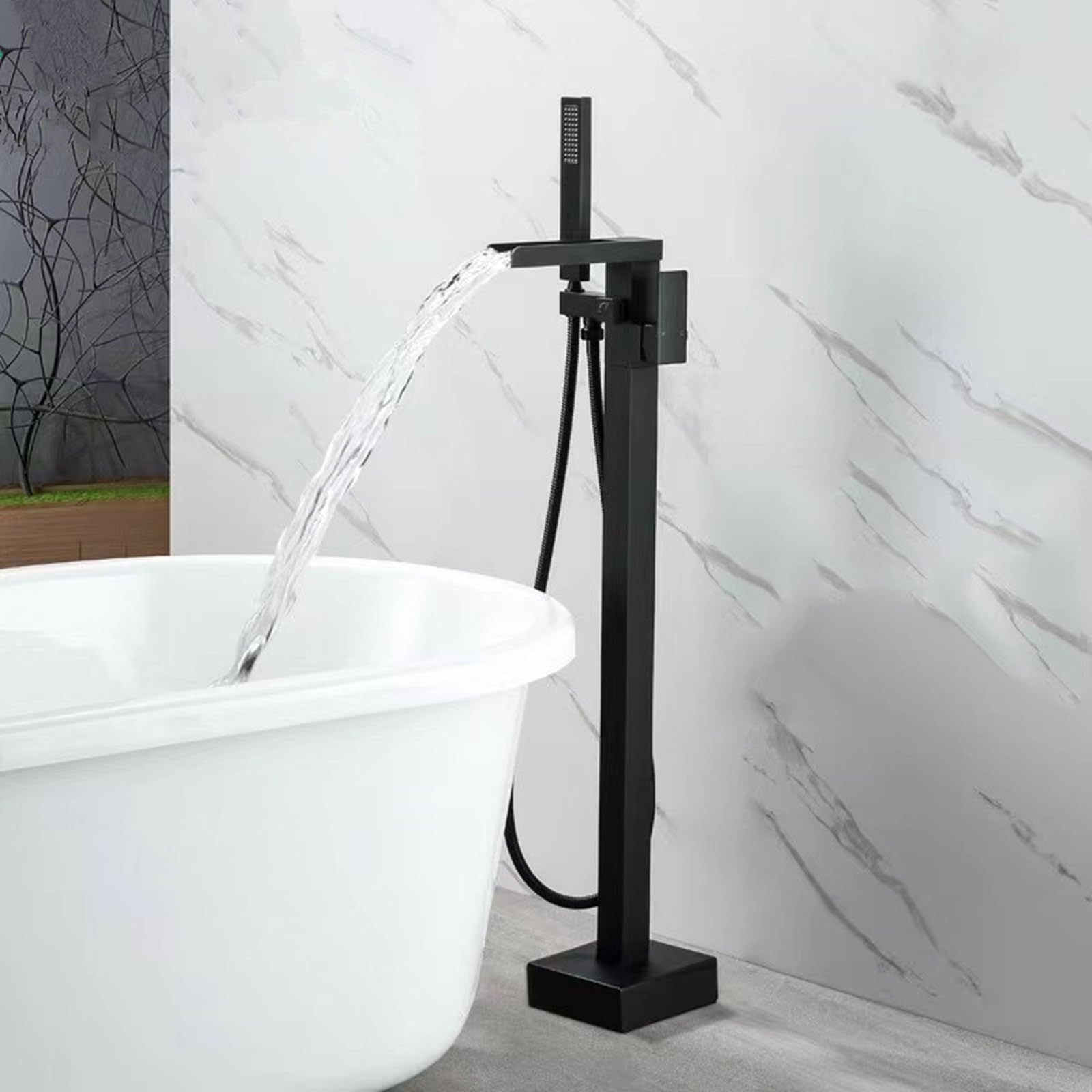 Rubinetto Vasca da Bagno Freestanding a Cascata Rubinetto Bagno Cascata con Doccia Portatile Per Vasca,nero