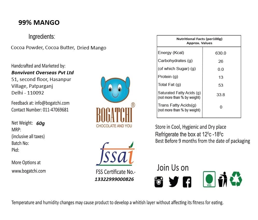 Image of BOGATCHI Chocolate 99% Dark| Mango | Real Cocoa Intense Dark Chocolate, 60 gm