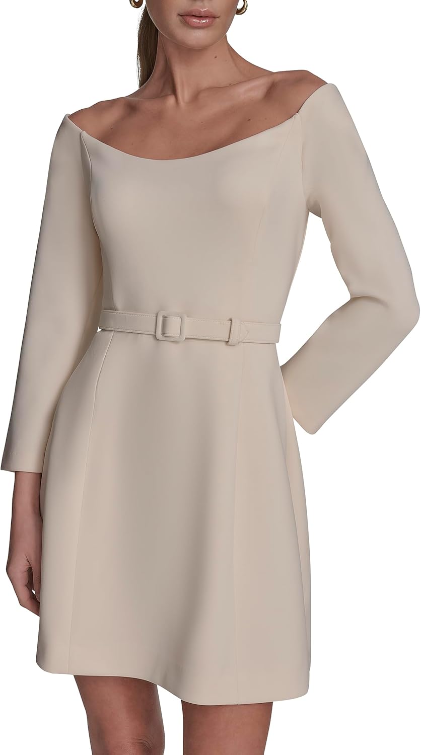 BCBG Womens Off The Shoulder Long Sleeve Belted A-line Mini Dress