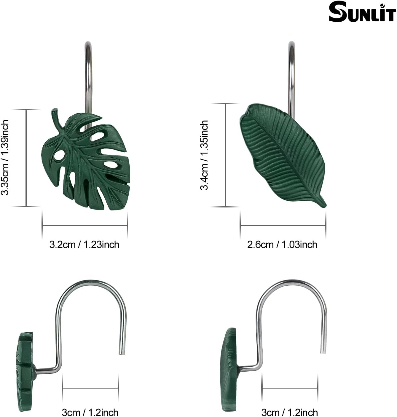 Tropical Leaf Decorative Shower Curtain Hooks Dark Green Botanical Shower Curtain Rings, Resin, Monstera Deliciosa Strelitzia Reginae Leaves Shower Curtain Hangers for Bathroom, Set of 12 image 5