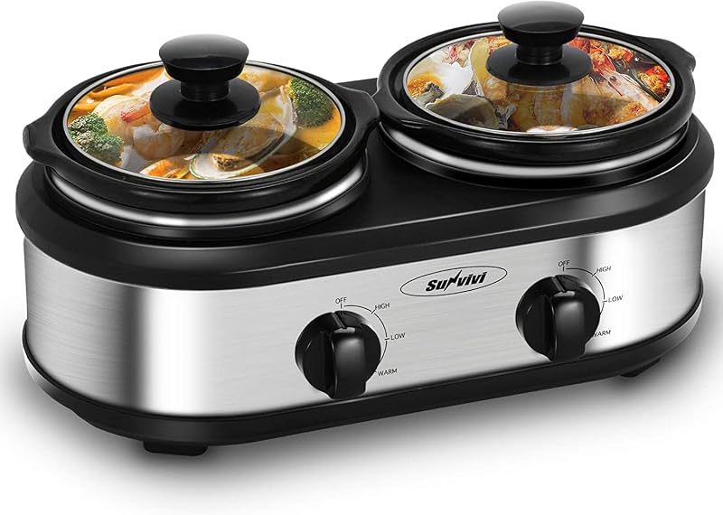 Dual Slow Cooker, Buffet Server and Food Warmer, Small Mini Pot with 3 Adjustable Temp & 2 Visible Glass Lids, for Parties, Holidays and Entertaining, Stainless Steel, 2 * 1.25 Quarts | Small mini pot buffet Server design with 3 adjustable temperature 2 Visible Glass Lids for Party, Holidays and Entertaining.